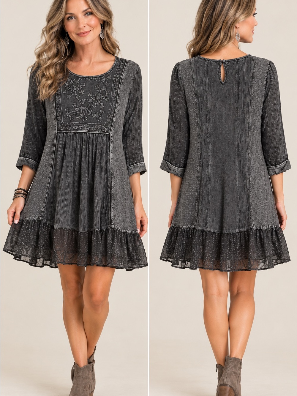 Young Threads NWT Embroidered Ruffle-Hem Mini Dress in Charcoal